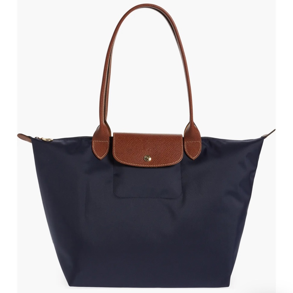 Longchamp Navy and Brown Le Pliage Large Tote